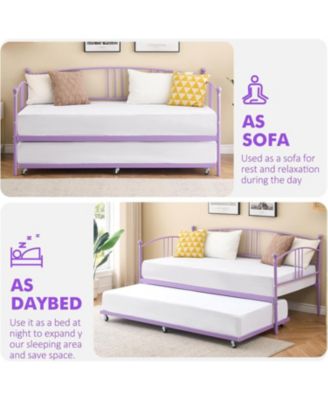 Twin Metal Daybed with Trundle, Pullout Trundle Bed Frame with Arched Headboard, Guest Sofa Bed with Steel Slat Support, No Box Spring Required