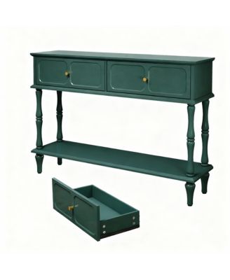 Mid-Century Green Console Table, 2 Drawers, Open Shelf, Vintage Design