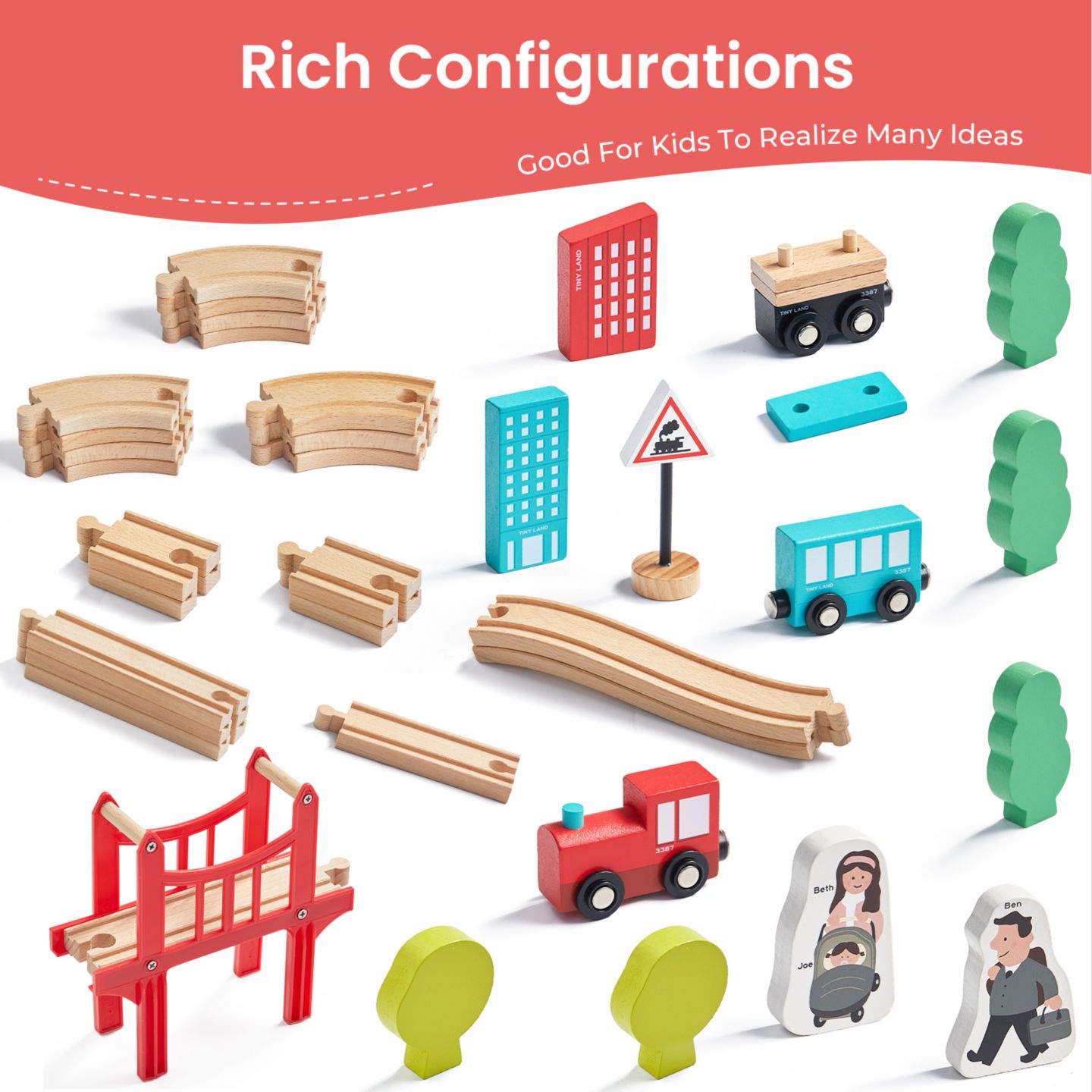 Детские конструкторы Tiny Land Wooden Train Set 39-Piece, Ages 3+ — фото 2