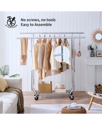 Double Clothing Garment Rack, Double Rod Rolling Clothing Rack, Portable Collapsible Hanging Rack with Shelves, Capacity 800lbs for Bedroom