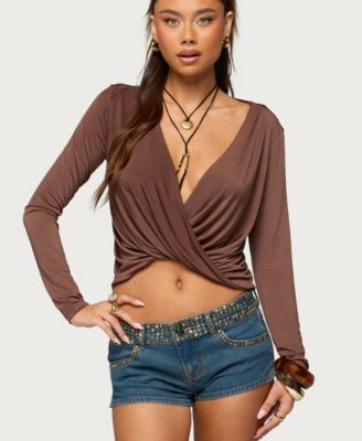 Women's Draped V Neck Long Sleeve Top