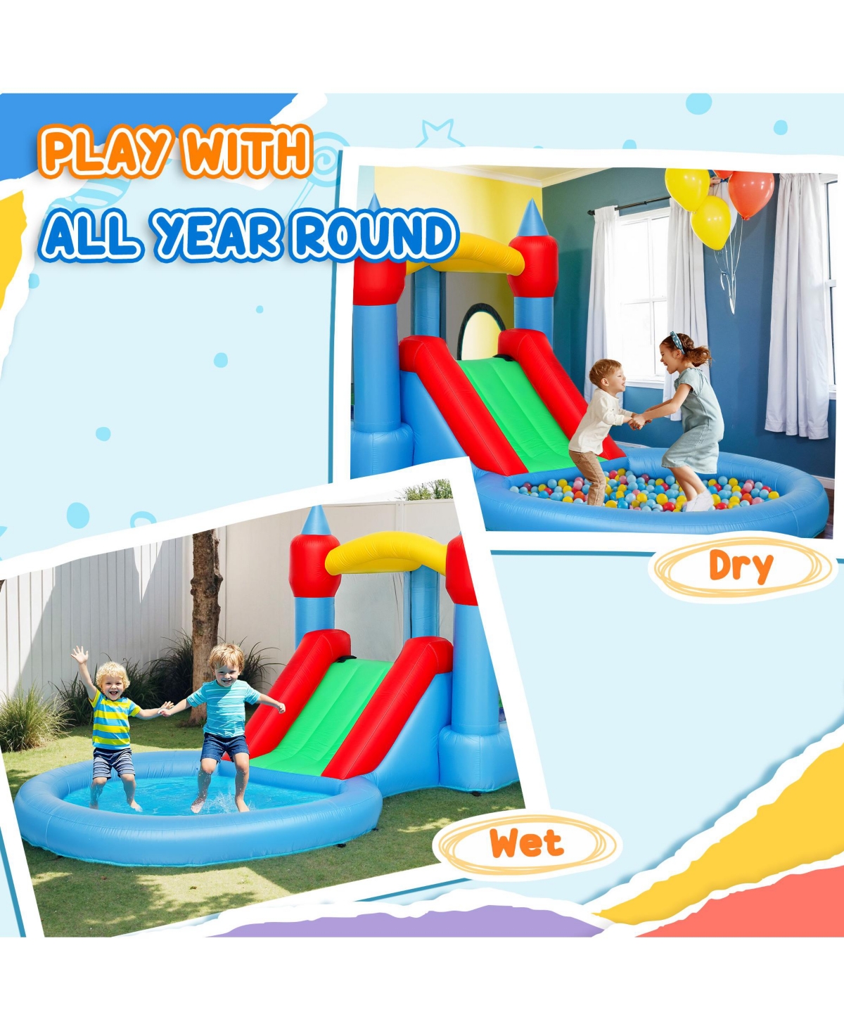 Qaba Inflatable Bounce House, 4 in 1 Bouncy Castle with Blower, Multicolor