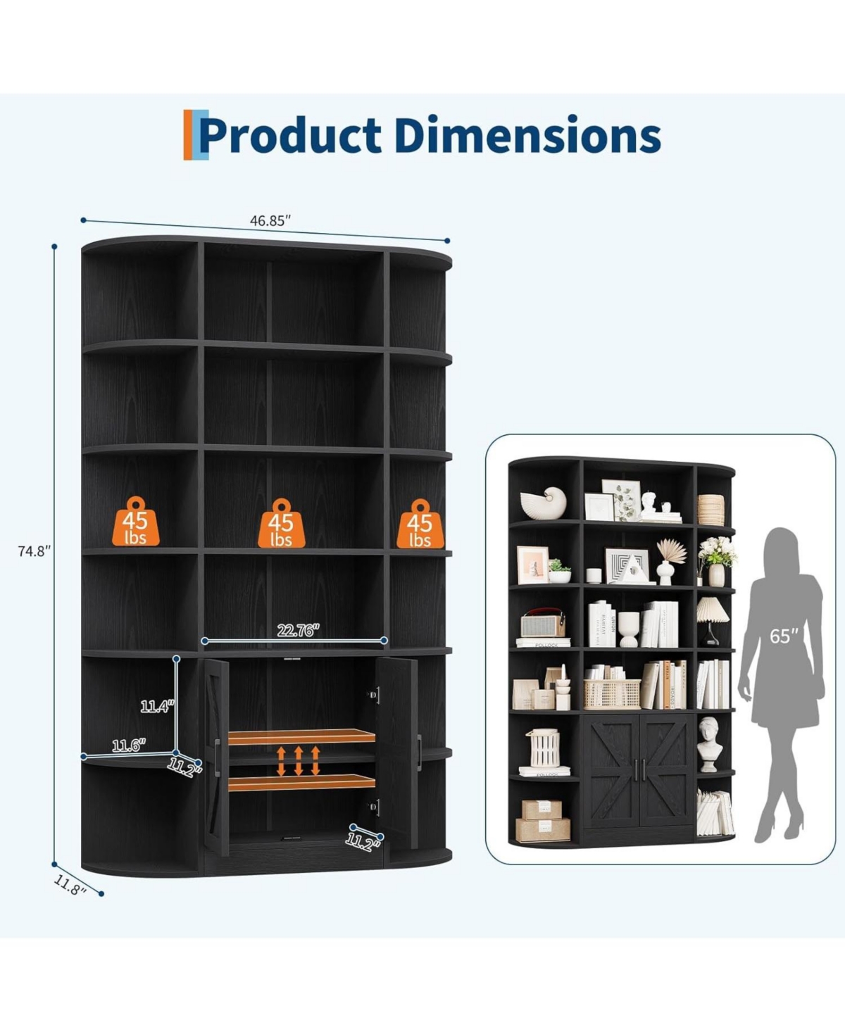 gaomon Bookshelf with Doors,6 Tier Bookcase Storage Cabinet, Modern Farmhouse Freestanding Wood Display Shelves Book Cabinet