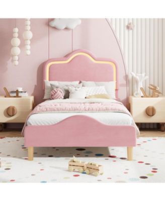 Twin Size Upholstered LED Bed Frame with Adjustable Headboard and Footboard, Velvet Princess Platform Bedframe for Kids/Girls, Easy Assembly