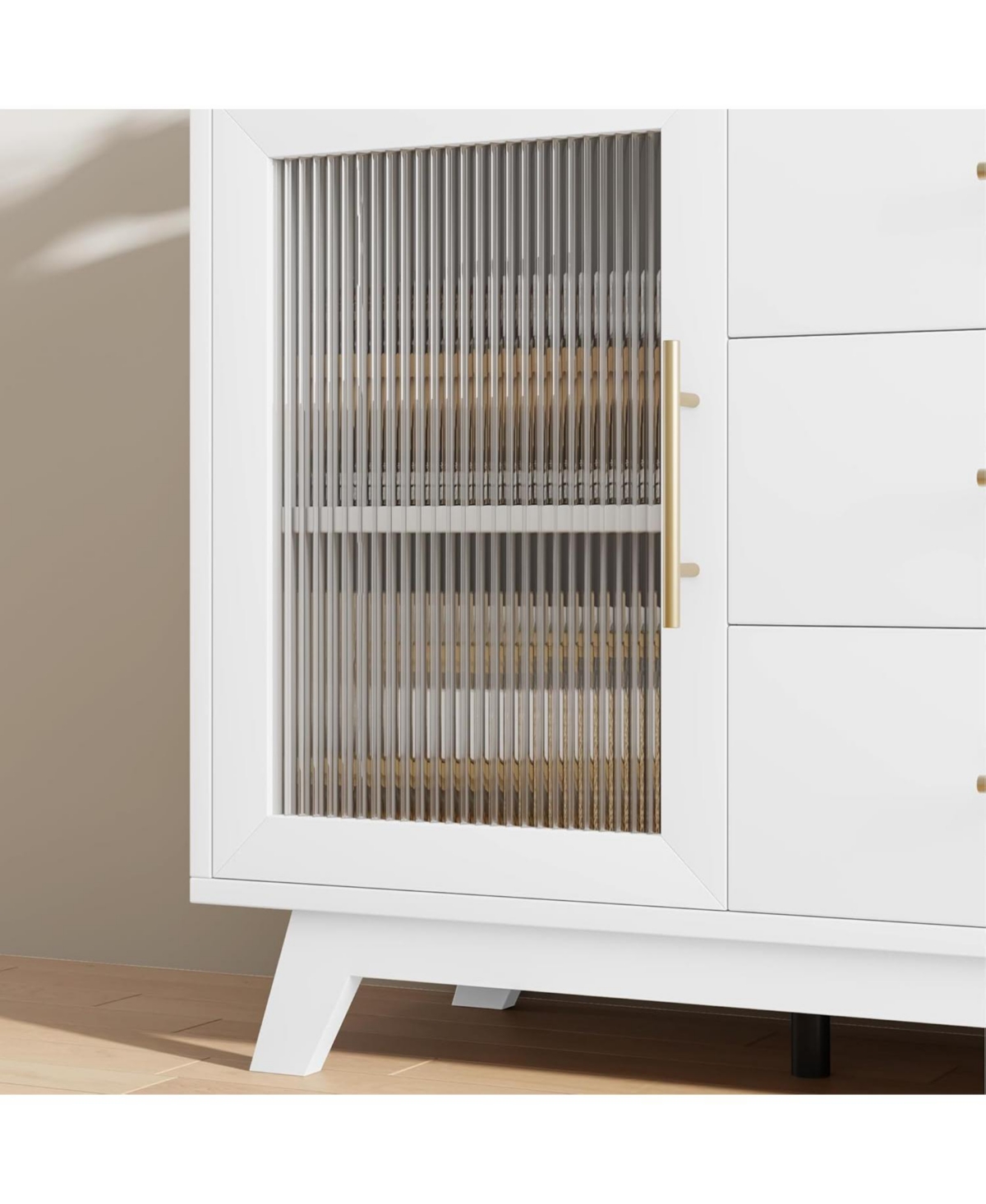 gaomon Modern Farmhouse Buffet Storage Cabinet with Glass Door, 56" Large Sideboard Door/3 Drawers/Adjustable Shelf, Wood Coffee