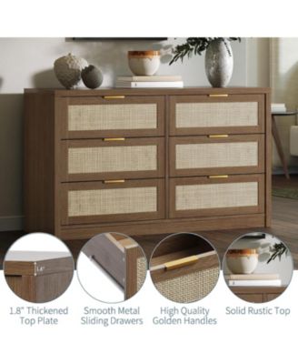 53" Rattan Dresser 6 Drawer Wooden Chest with Gold Handles, Modern Storage Organizer with Smooth Glide Drawers