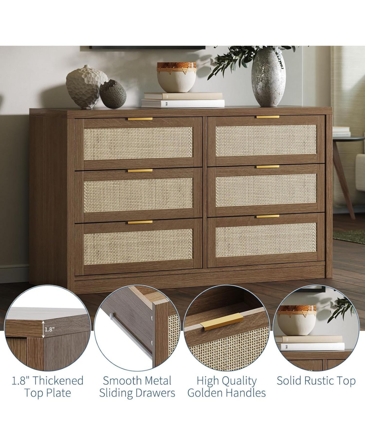 gaomon 53" Rattan Dresser 6 Drawer Wooden Chest with Gold Handles, Modern Storage Organizer with Smooth Glide Drawers