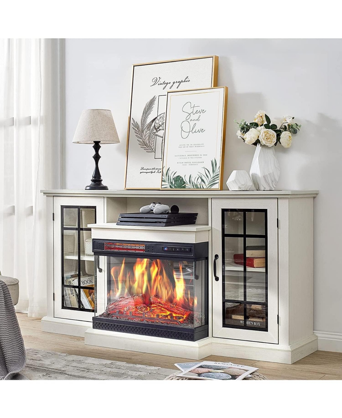 gaomon 75" Fireplace Tv Stand, Modern Entertainment Center with 24" 3-Sided Glass Electric Fireplace, 12 Flame Colors, Remote Control - Whit
