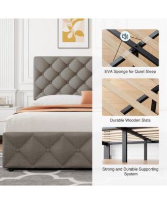 Bed Frame with 4 Storage Drawers, Linen Upholstered Platform Bed Frame with Adjustable Headboard