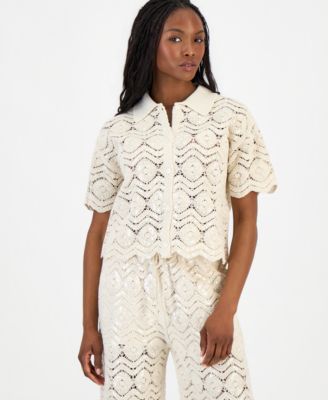 Petite Sequin Crochet Camp Shirt
