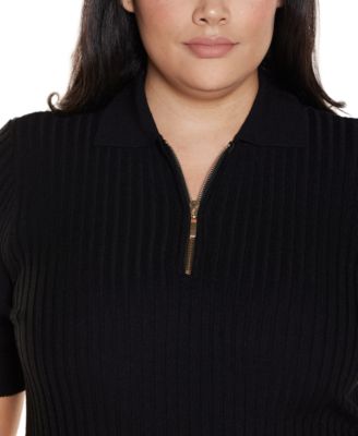 Plus Size Collared Quarter-Zip Ribbed-Knit Sweater