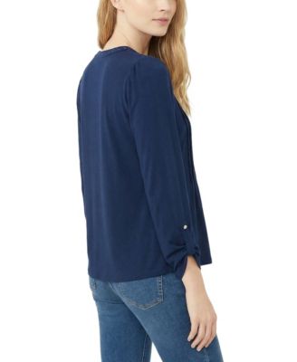 Petite Long-Sleeve Pleat Front Roll Tab Top