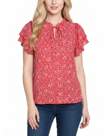 Petite Double Flutter-Sleeve Blouse - Red Hearts