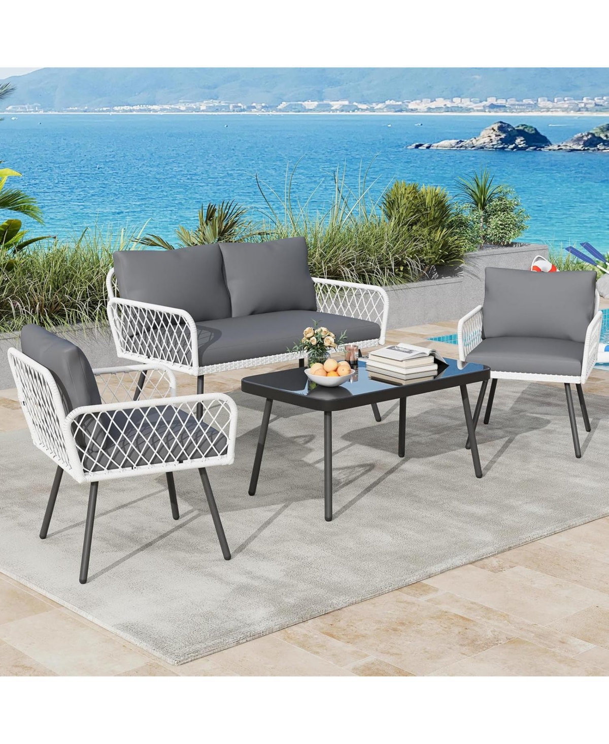 gaomon 4-Piece Wicker Outdoor Furniture Set, Patio Sectional Sofa with Handmade Rattan and Metal Frame