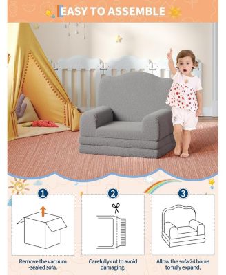 Kids Couch, 2-in-1 Convertible Teddy Fleece Fabric Toddler Sofa Chair, Soft Fold Out Couch Lounger for Kids, Comfy Children's Sofa