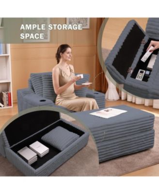 Grey Oversized Chaise Lounge Chair Indoor with Storage Ottoman, Upholstered Corduroy Sofa Bed Cloud Couch with 3 Pillows