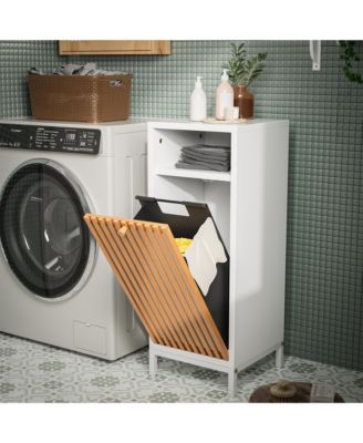 Tilt Out Laundry Hamper Cabinet with Bamboo Slat Front & Removable Hamper