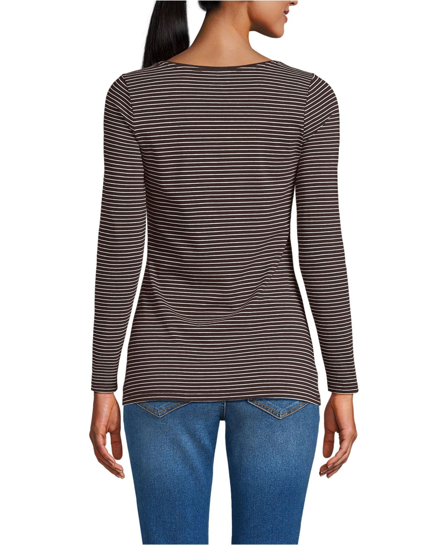 Женская футболка Lands' End Lightweight Jersey Skimming Long Sleeve Scoop Neck, цвет: Кофейный полосатый — фото 2