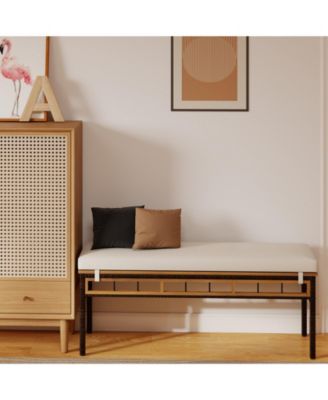 2Pcs Wicker Patio Bench/Acacia Wood Seat Removable Padded Cushion for Deck