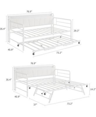 Twin Daybed with Trundle & LED Light, Metal Frame, Linen Headboard, USB Charging for Guest Room