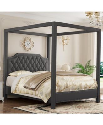 Full Canopy Bed Frame with Upholstered Headboard, Four Poster Design, Button Tufted, and Slide Rail, No Box Spring Required, Wooden Slatted