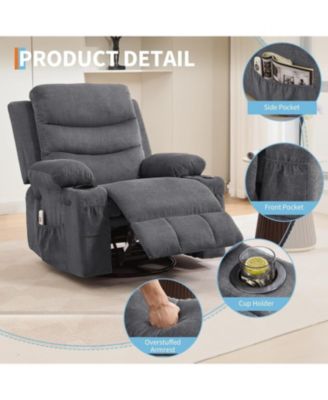 Recliner Chair Nursery, Oversized Manual Reclining Rocking Chair, 360 Swivel Glider with Cup Holder, Massage and Heat Recliner