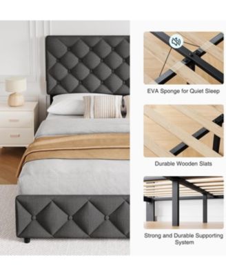 Bed Frame with 4 Storage Drawers and Headboard, Linen Upholstered Platform Bed Frame