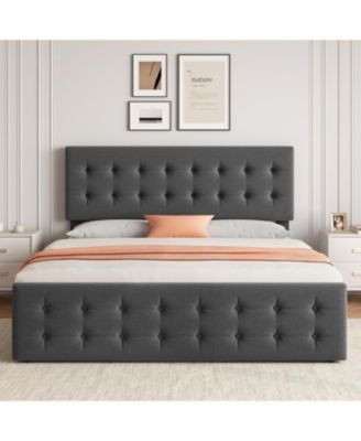 Bed Frame with 4 Storage Drawers and Headboard, Linen Upholstered Platform Bed Frame