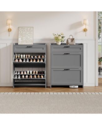 Shoe Cabinet with 2 Flip Drawers & 1 Top Drawer, Wooden Shoe Storage Organizer, Adjustable Shelves, Hidden Cabinet for Hallway or Living Room