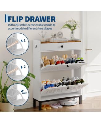 Shoe Storage Cabinet with 2 Flip Drawers & Top Drawer, Wooden Shoe Organizer with Hollow Panels for Entryway