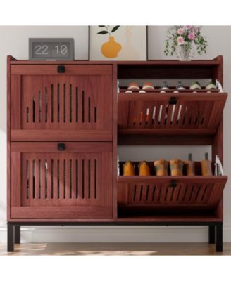 Shoe Cabinet with 4 Flip-Drawers, Wooden Entryway Storage Organizer with Adjustable Shelf, Hidden Shoe Rack for Hallway & Living Room