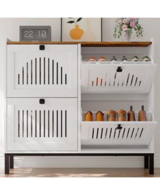 Shoe Cabinet with 4 Flip-Drawers, Wooden Entryway Storage Organizer with Adjustable Shelf, Hidden Shoe Rack for Hallway & Living Room