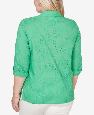 Women's Resort Living Eyelet Palm Tree Button-Front Top