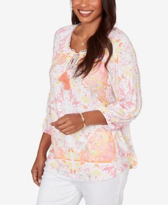 Petite Tapestry Print Drawstring Peasant Top