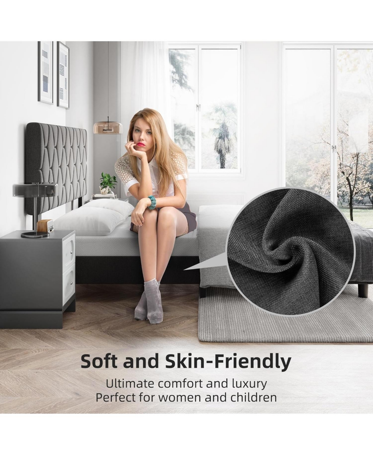 gaomon Platform Bed Frame with Upholstered Headboard, Linen Fabric Upholstered Bed Frame with Adjustable Headboard, Noise Free