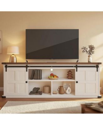 70" Farmhouse TV Stand for 75 Inch TVs, Wood Media Console with Sliding Barn Doors, Modern Entertainment Center for Living Room