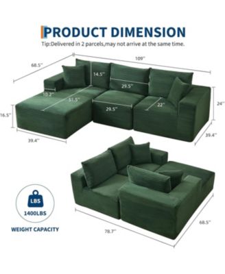 108" Modular Sectional Sofa - L Shaped Boneless Cloud Couch with 67.5" Chaise, Reversible L/R Facing, No Assembly Required