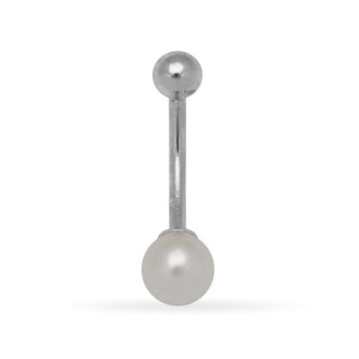 Curata Jewelry Solid 14k Gold 14G 7mm Cultured Pearl Curved Belly Button Ring - White gold