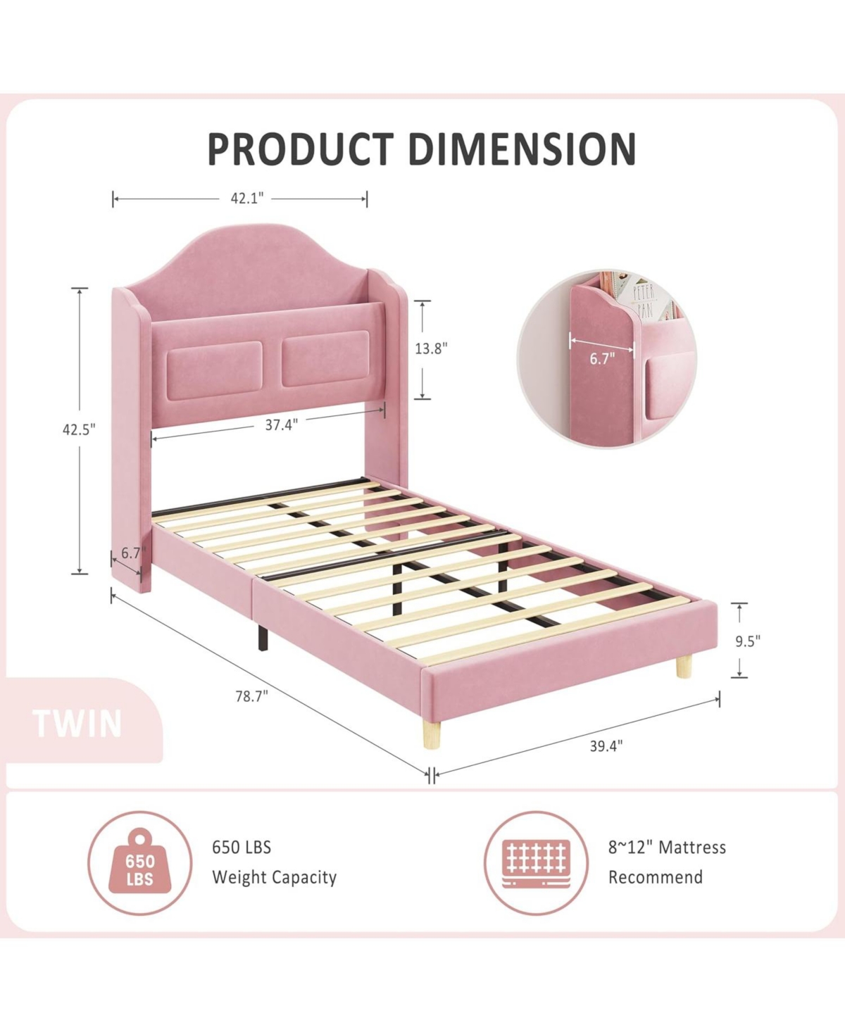 gaomon Kids Twin Bed Frame with Velvet Upholstery, Storage Headboard & Led Lights