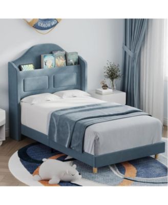 Kids Twin Bed Frame with Velvet Upholstery, Storage Headboard & LED Lights