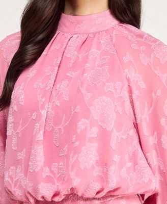 Juniors' Floral Pleated Mock Neck Dress