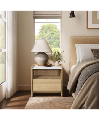 Hazel Oak Nightstand & End Table with Storage, Raised Sides, Faux Marble Top, Durable Manufactured Wood