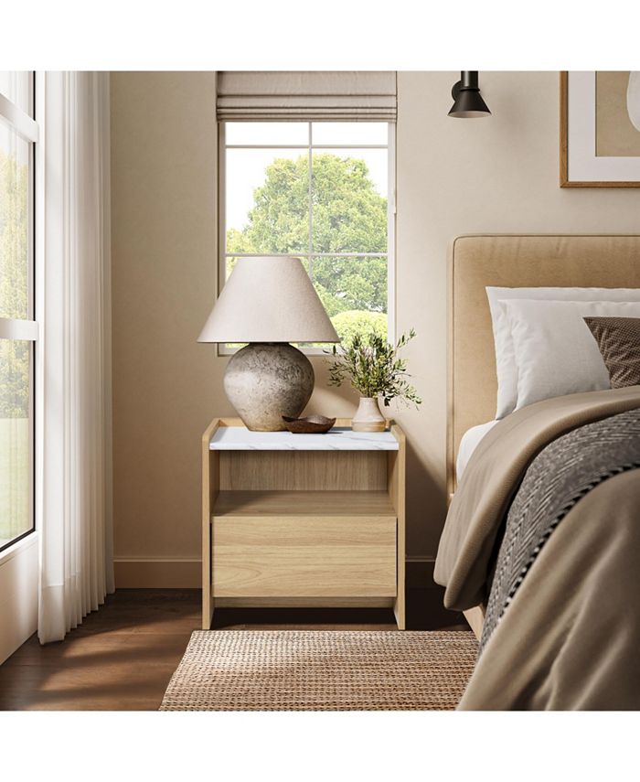 LuxenHome Hazel Oak Nightstand & End Table with Storage, Raised Sides, Faux Marble Top, Durable Manufactured Wood - Brown