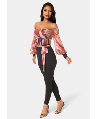 Women's Printed Mesh Off Shoulder Catsuit