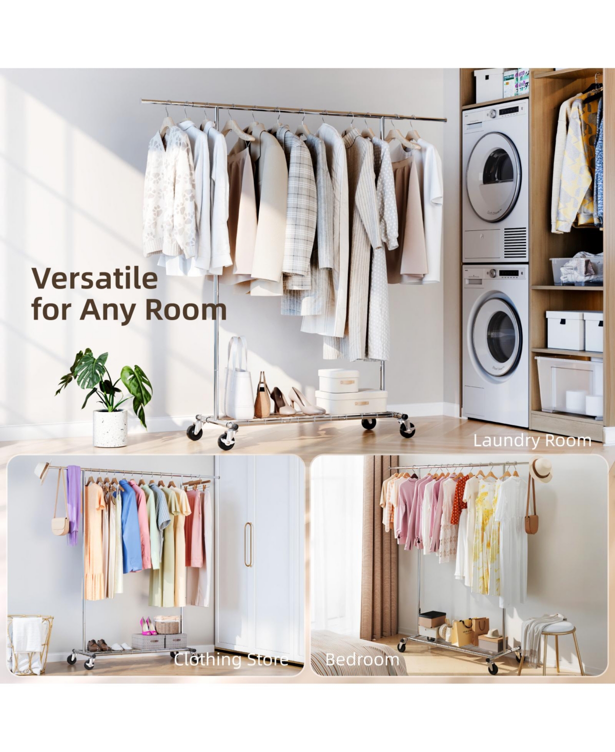 Sugift Adjustable Rolling Garment Rack with Extendable Hanging Rod