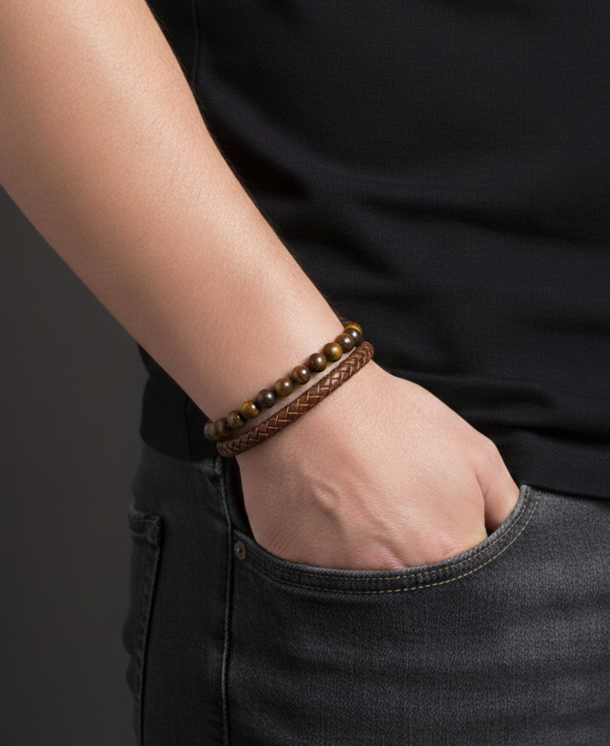 Rhona Sutton Men's Brown Leather Bracelet in Stainless Steel