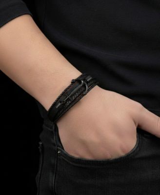 Men's Leather Bracelet in Stainless Steel