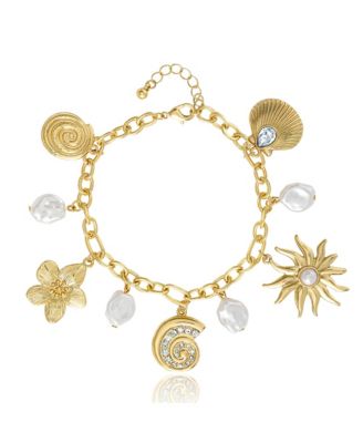 Gold-Tone Celestial Charm Bracelet with Imitation Pearls, Adjustable