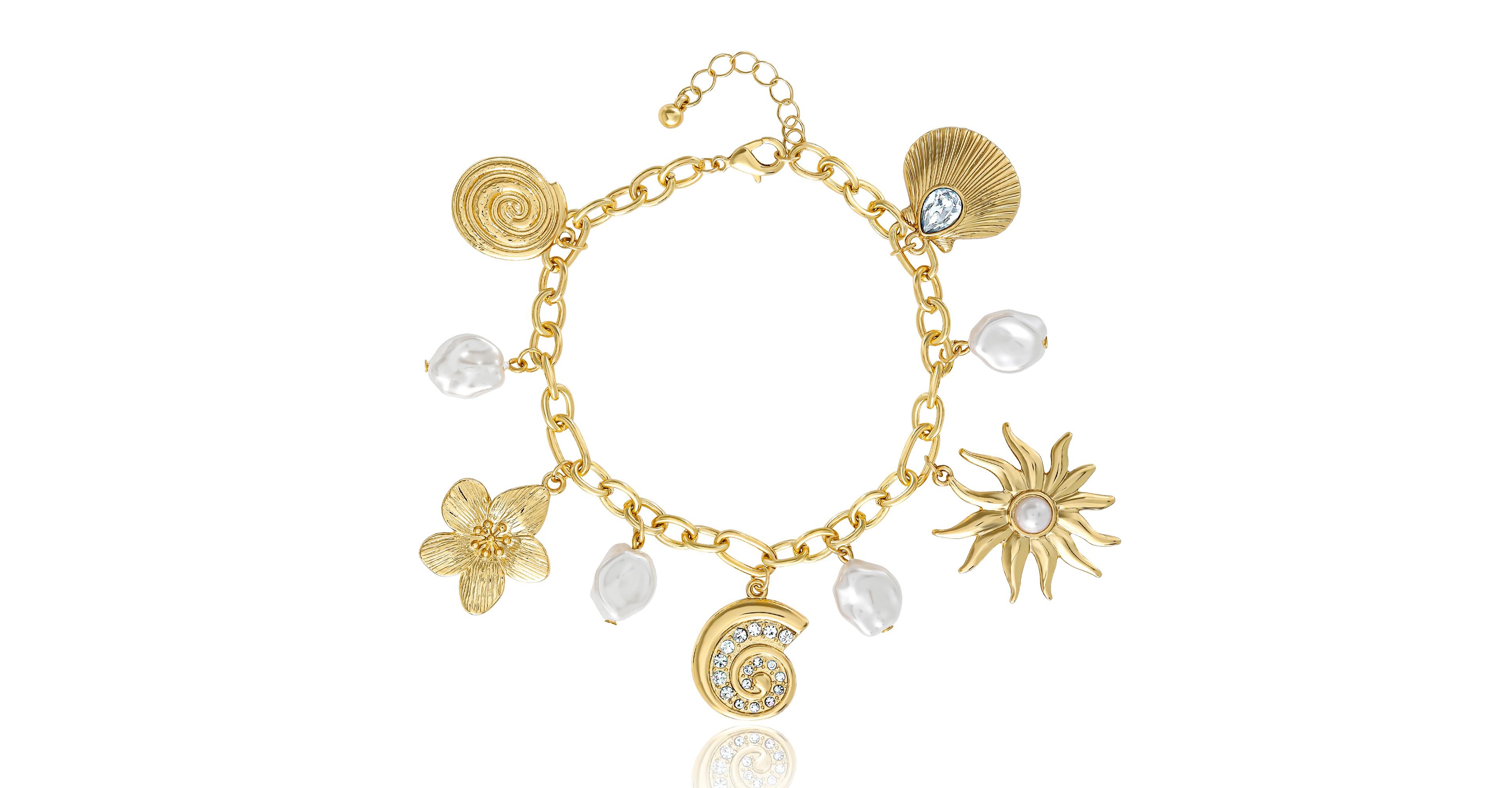 Jessica Simpson Gold-Tone Celestial Charm Bracelet with Imitation Pearls, Adjustable