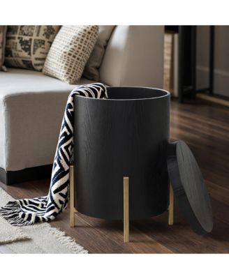 Black MDF Round Side Table, 21.8” Tall with Metal Stand & Storage